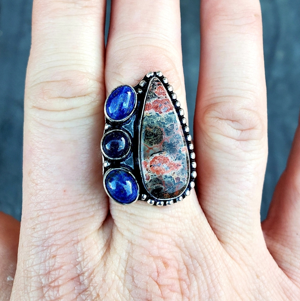 New Leopard Skin Jasper & Lapis Lazuli 925 Silver Ring.